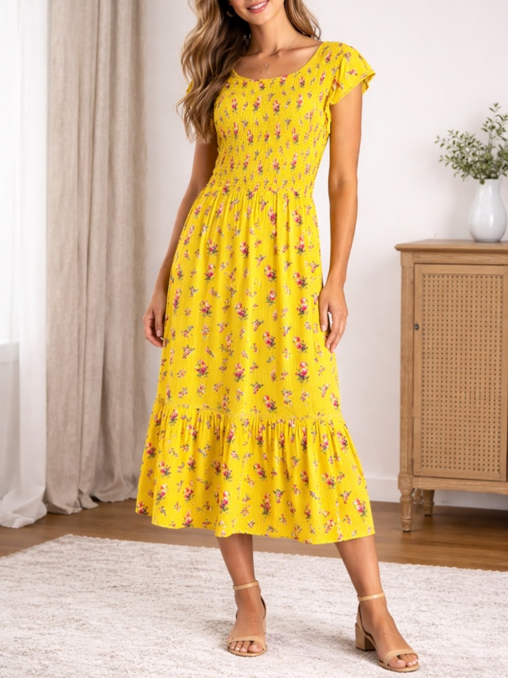 Lost + Wander Dress Sz L Daffodil Yellow Smocked Midi Cottagecore Garden Spring